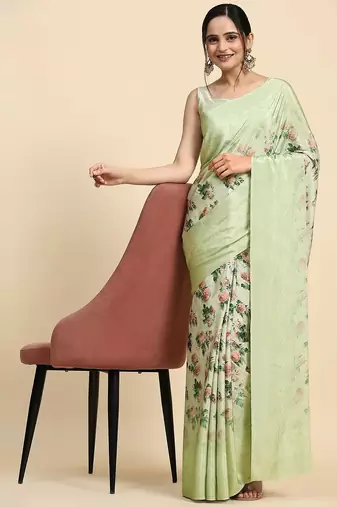Green printed satin fashion saree with blouse piece