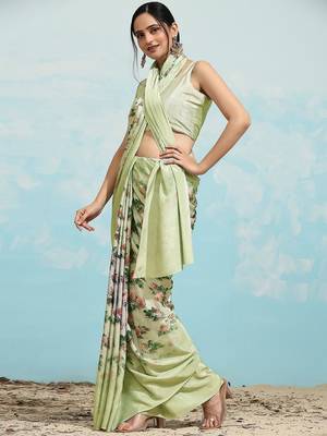 Green printed satin fashion saree with blouse piece 4