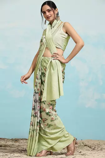 Green printed satin fashion saree with blouse piece