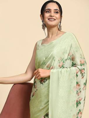 Green printed satin fashion saree with blouse piece 5