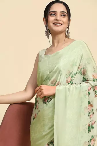 Green printed satin fashion saree with blouse piece