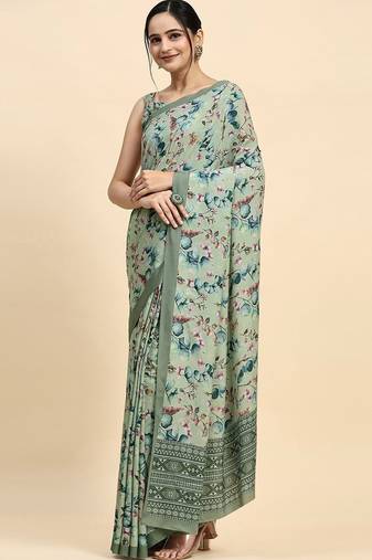 Green printed satin fashion saree with blouse piece