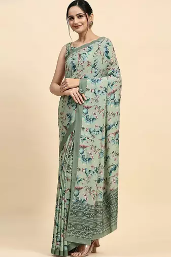 Green printed satin fashion saree with blouse piece