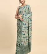 Green printed satin fashion saree with blouse piece