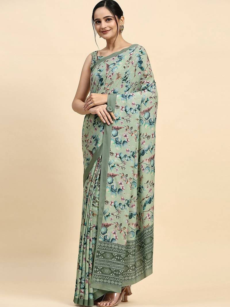 Green printed satin fashion saree with blouse piece