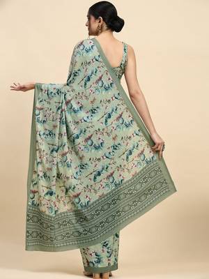 Green printed satin fashion saree with blouse piece 2