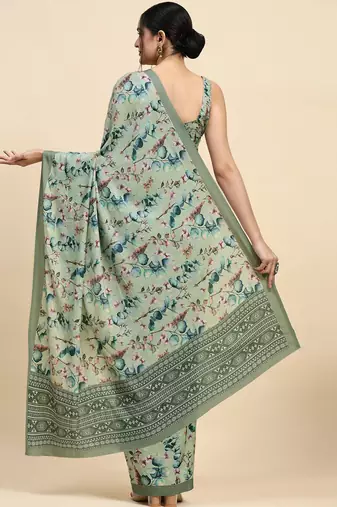 Green printed satin fashion saree with blouse piece