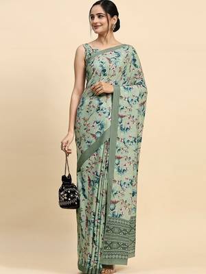 Green printed satin fashion saree with blouse piece 3