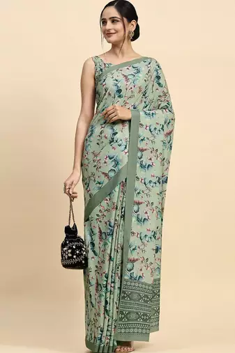 Green printed satin fashion saree with blouse piece