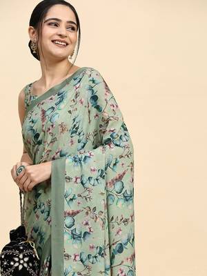 Green printed satin fashion saree with blouse piece 4