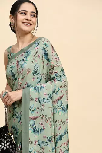 Green printed satin fashion saree with blouse piece