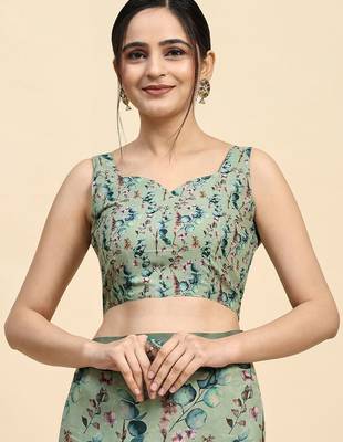Green printed satin fashion saree with blouse piece 5