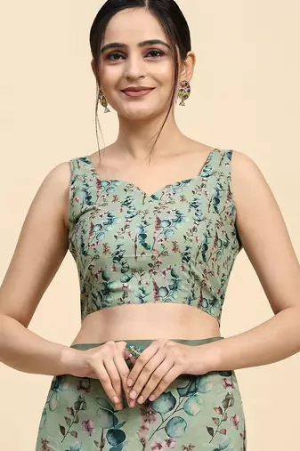 Green printed satin fashion saree with blouse piece