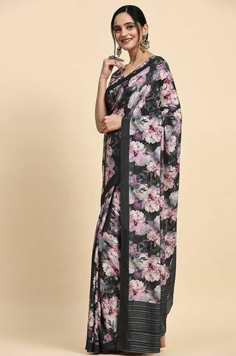 Black printed satin fashion saree with blouse piece