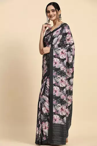 Black printed satin fashion saree with blouse piece