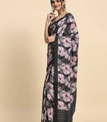 Black printed satin fashion saree with blouse piece