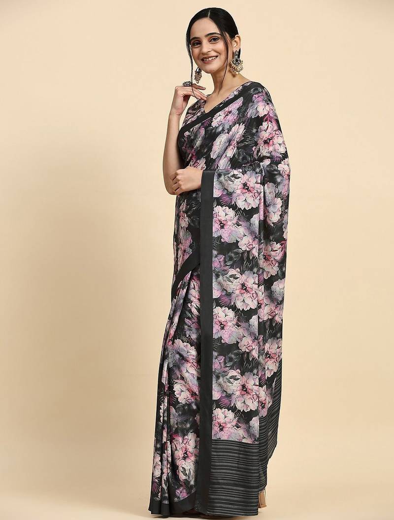 Black printed satin fashion saree with blouse piece