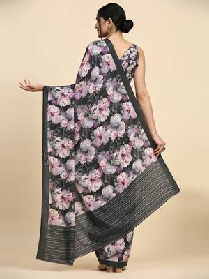 Black printed satin fashion saree with blouse piece 2