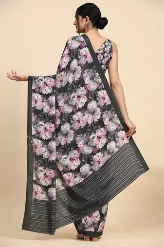 Black printed satin fashion saree with blouse piece