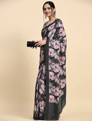 Black printed satin fashion saree with blouse piece 3