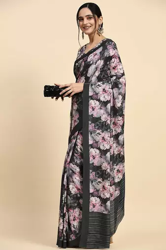 Black printed satin fashion saree with blouse piece