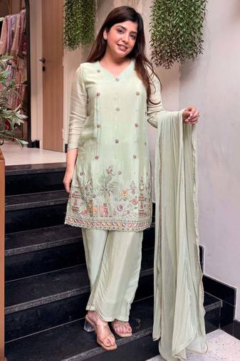 Green crepe embroidered kurta palazzo set with nazmin dupatta