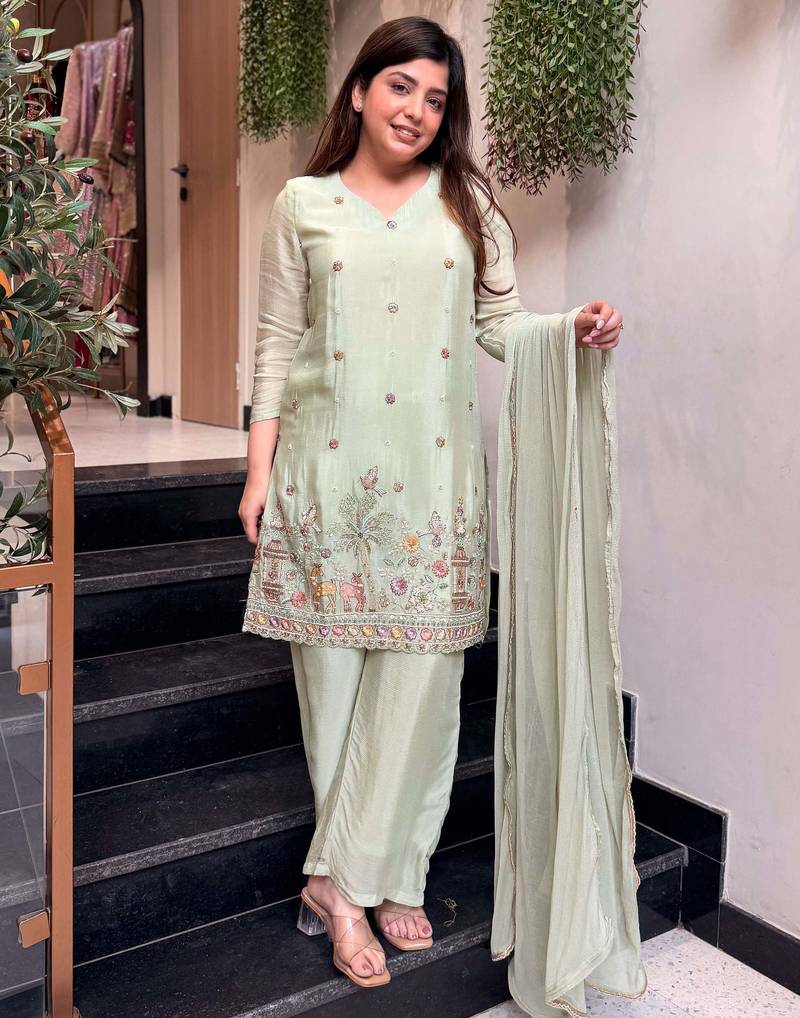 Green crepe embroidered kurta palazzo set with nazmin dupatta