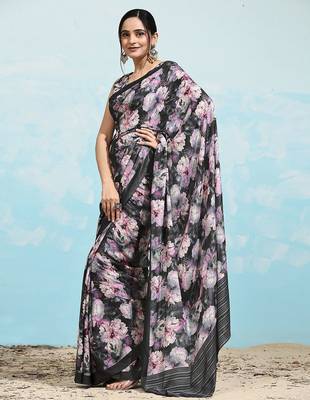 Black printed satin fashion saree with blouse piece 4