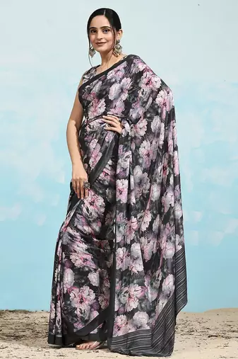 Black printed satin fashion saree with blouse piece
