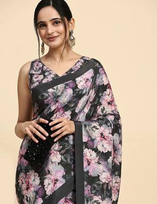 Black printed satin fashion saree with blouse piece 5