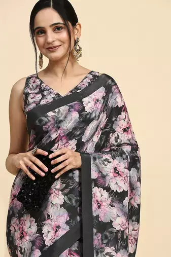 Black printed satin fashion saree with blouse piece