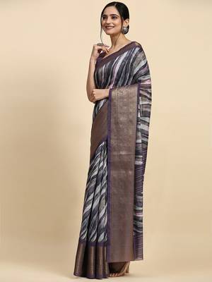 Purple printed linen casual saree with blouse piece 1