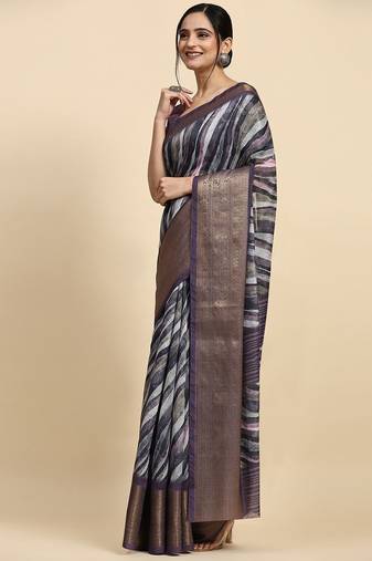 Purple printed linen casual saree with blouse piece