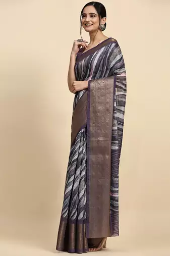 Purple printed linen casual saree with blouse piece