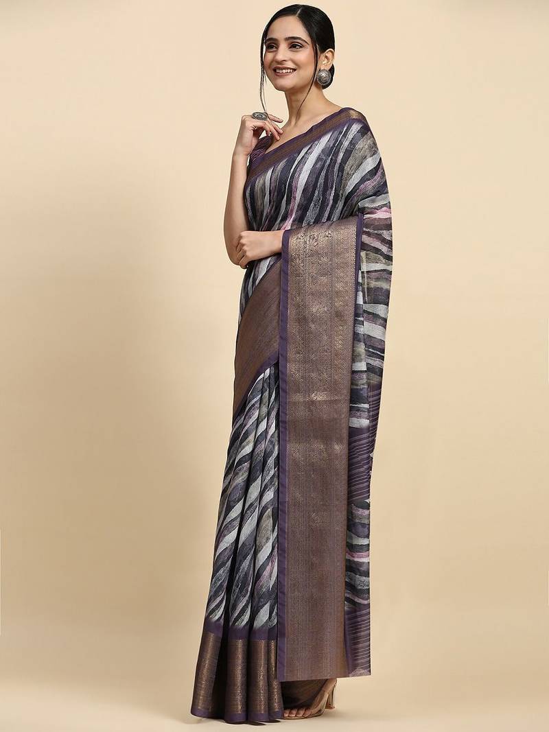Purple printed linen casual saree with blouse piece