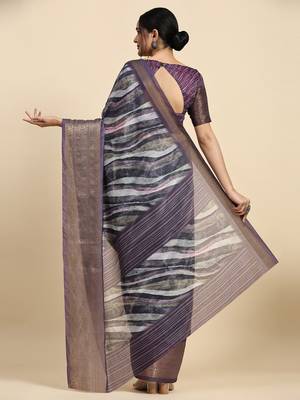 Purple printed linen casual saree with blouse piece 2