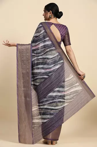 Purple printed linen casual saree with blouse piece