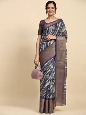 Purple printed linen casual saree with blouse piece 3