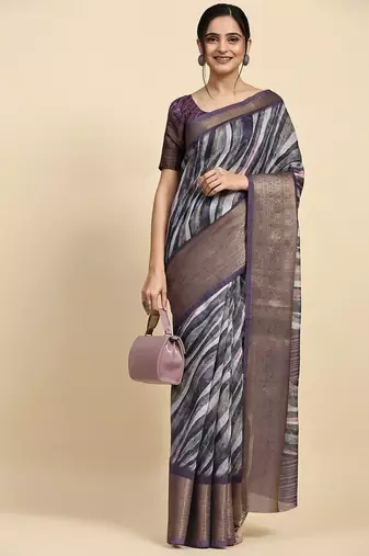 Purple printed linen casual saree with blouse piece