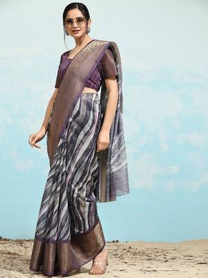 Purple printed linen casual saree with blouse piece 4