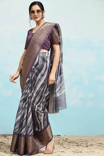 Purple printed linen casual saree with blouse piece