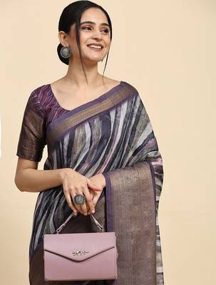Purple printed linen casual saree with blouse piece 5