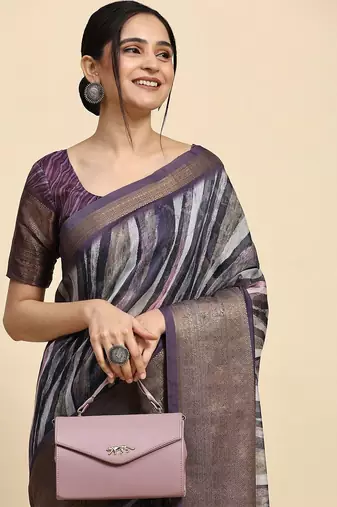 Purple printed linen casual saree with blouse piece
