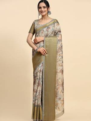 Cream printed linen casual saree with blouse piece 1