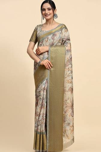 Cream printed linen casual saree with blouse piece