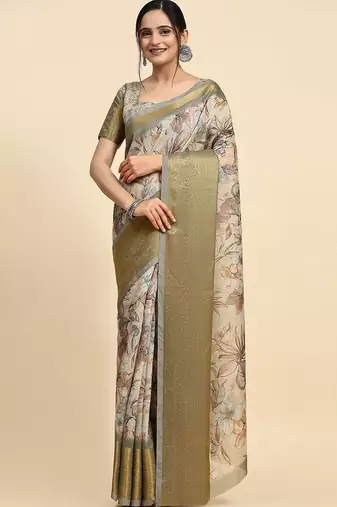 Cream printed linen casual saree with blouse piece