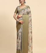 Cream printed linen casual saree with blouse piece