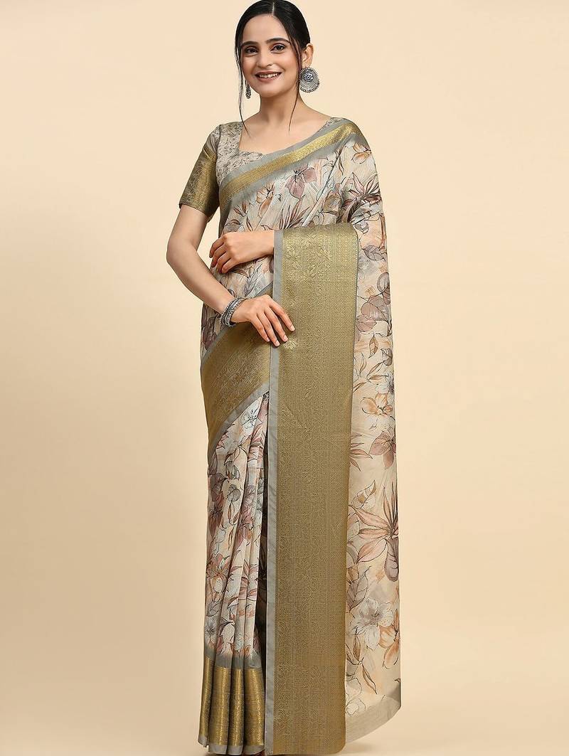 Cream printed linen casual saree with blouse piece