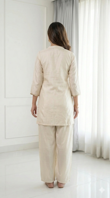 Cream chinnon silk kurta palazzo set with beads embroidery 3