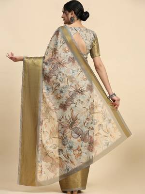 Cream printed linen casual saree with blouse piece 2